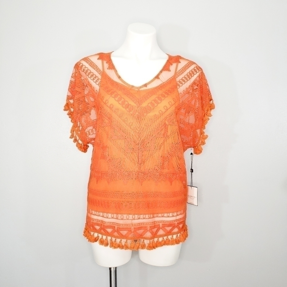 Laundry by Shelli Segal Orange Lace Sheer Tassel Fringe Overlay Top Small NWT